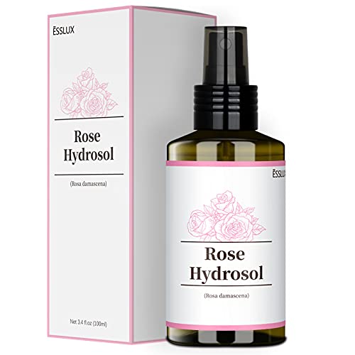 Rose Water Spray for Face, ESSLUX Natural Rose Hydrosol, Rosewater Facial Toner and Makeup Setting Spray, Soothing Mist for Dry Skin & Frizzy Hair, Room and Linen Spray, No Dye or Alcohol, 100 ML