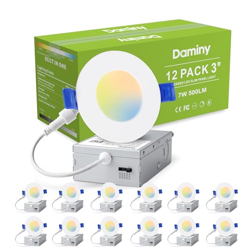DAMINY 12 Pack 3 Inch LED Recessed Lighting with Junction Box 5CCT Ultra-Thin Recessed Light 7W 500LM Dimmable Canless Wafer Ceiling Light High Brightness