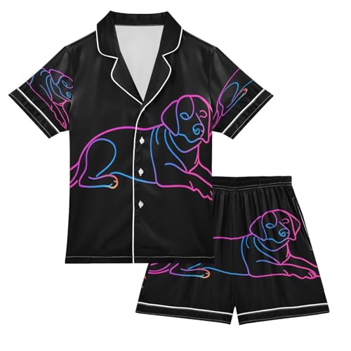 ALAZA Neon Dachshund Puppy Dog Black Satin Pajamas Set Short Sleeve Button Down Sleepwear Summer Pjs 2 Piece - Main Image