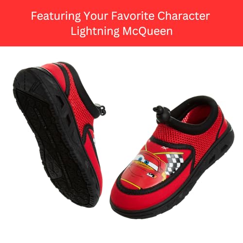 Josmo Cars Water Shoes Kids Boys Sandals Quick Dry - Lightning McQueen Pool Aqua Socks Bungee Waterproof - Red Black (Size 7-8 Toddler)