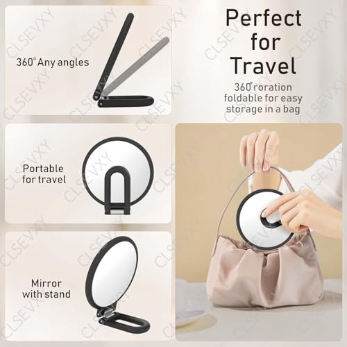 Image of CLSEVXY Magnifying Handheld Mirror Double Sided, 1X 15X Magnification Hand Mirrors, Travel Folding Hand Held Mirror, 360Rotation Pedestal Makeup Vanity Mirror