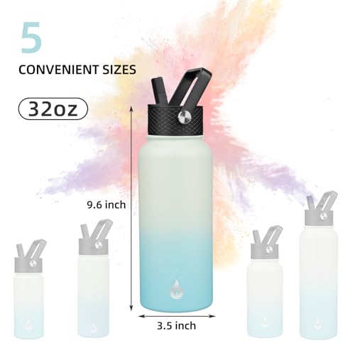 Image of BJPKPK Insulated Water Bottles with Straw Lid, 32oz Metal Large Water Bottle with 3 Lids, Reusable Leak Proof BPA Free Thermo, Stainless Steel Tumblers for Sports, Gym, Travel-Mint
