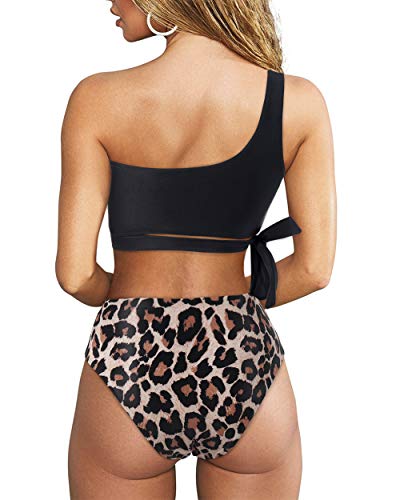 MOOSLOVER Women One Shoulder High Waisted Bikini Tie High Cut Two Piece Swimsuits(S,Black Panther)