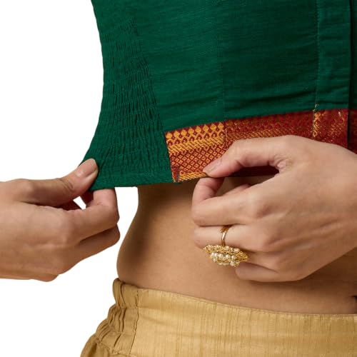 Image of Studio Shringaar Women's Handloom Cotton Stretchable (Smocked) Saree Blouse with Temple Zari Border