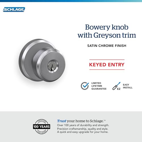 Image of SCHLAGE F51A BWE 626 GSN 619 Bowery Knob with Greyson Trim Keyed Entry Lock, Satin Chrome with Satin Nickel Interior