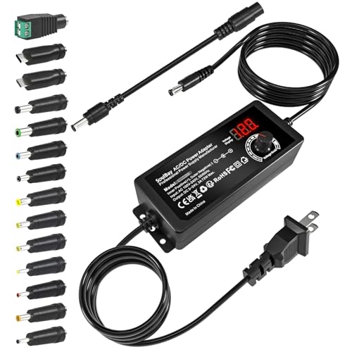 SoulBay Universal AC DC Power Supply Adapter 72W 3V to 24V Output with Adjustable Voltage & Volt Display for Household Electronics 14pcs Tips & 1pc Reverse Polarity Cable Included 3000mA Max