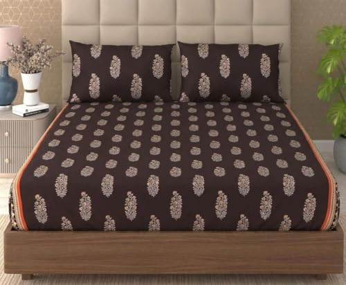 Image of DECOMIZER Cotton Feel All Around Elastic Fitted Glace Printed Queen Size Double Bed Bedsheet with 2 Large Pillow Covers Fits Upto Mattress of 8 Inches,Size - 60 x 78 x 10 Inches, Golden Tulips