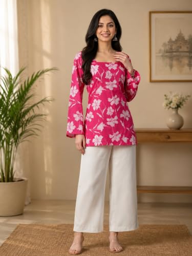 Image of Rayon Floral Print Short Kurti for Women | Square Neck Long Sleeve Top for Women | Criss Cross Back Desing Kurti | Soft Breathable Fabric | Relaxed Fit | Casual and Office Wear