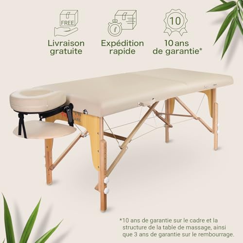 Zen Table de Massage Pliante professionelle - lit esthetique Table Tatouage, Extension de Cils en Bois et Hauteur réglable, Portable avec Appui-tête réglable, accoudoirs, Sac de Transport (Crème) – Image 3