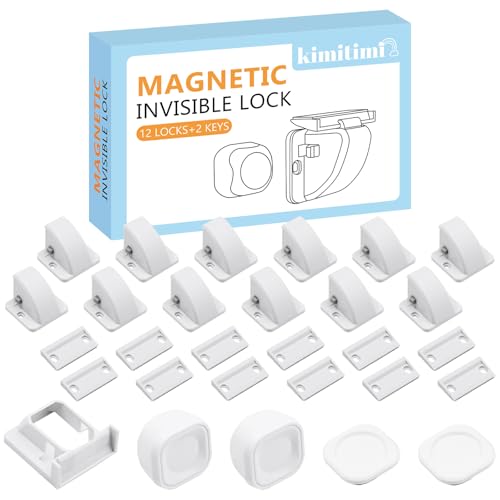 kimitimi 12 Pack Magnetic Cabinet Locks Baby Proofing - Child Safety Cabinet Latch Locks with Adhesive, No Drill or Tools Installation, for Cabinets Drawers Doors