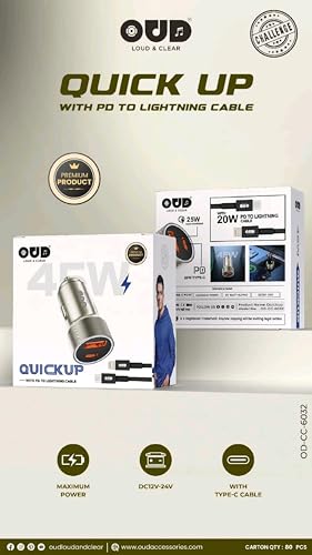 Image of Oud Quick Up 45W Power Output Car Charger with 20W PD to iPhone Cable, Silver