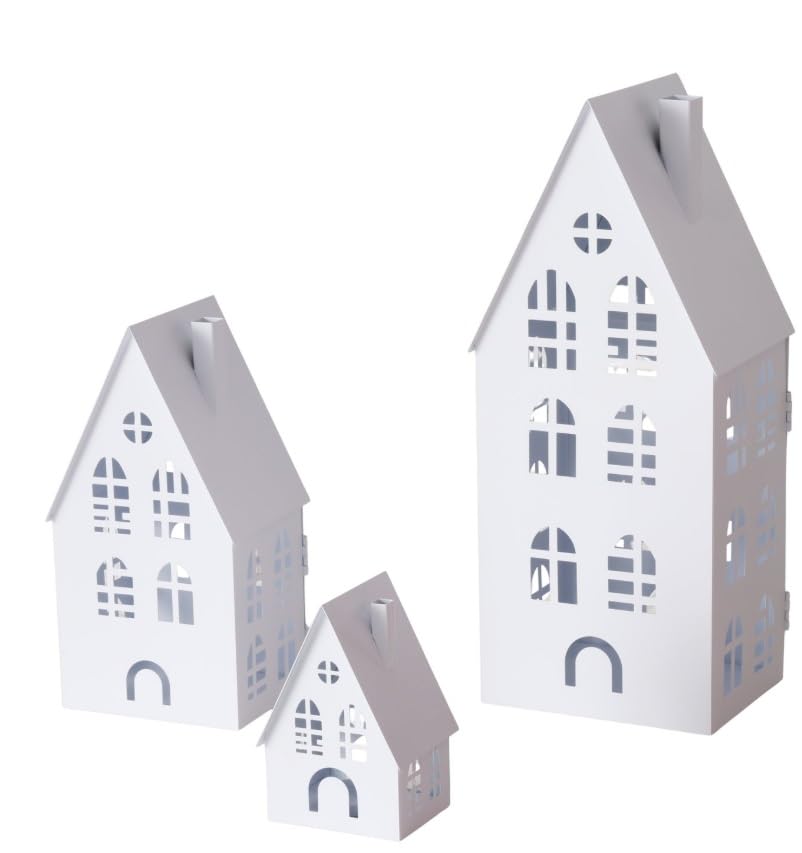 3 STK Laternen Häuser Teelichthalter Haus Weiss 13-37cm groß Deko Windlichter b199 Skandinavisch Kerzenhalter Metall Laternen Set Weihnachten Weihnachtsdeko Herbstdeko Dekohaus Vintage Nordic
