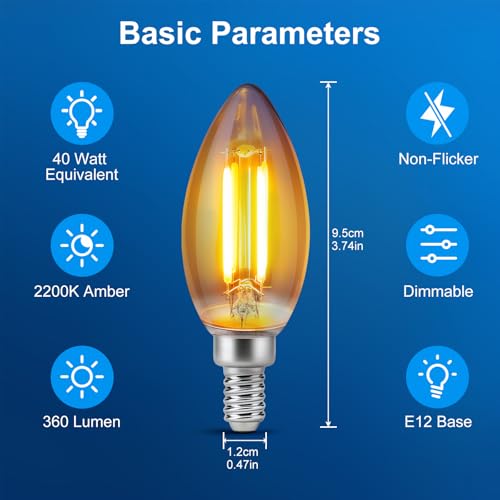 KINUR E12 Dimmable Amber LED Light Bulbs, 40 Watt Equivalent, C35 Candelabra Base, 2200K Warm Light, 30000LM, 2 Pack — view 2