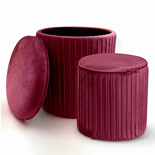 Norbe | TIK TAK | Set di 2 Pouf a Cilindro Contenitore in Velluto, Sgabello a Coste | Poggiapiedi per Scrivania | Toeletta Trucco | Da Camera o Salotto | Poltrona (Vinaccia)
