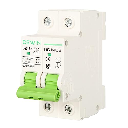 DEWIN Disyuntor DC,2P 1000V 32A Interruptores Automáticos Miniatura Interruptor de Circuito Fotovoltaico con Protección Contra Sobrecarga y Cortocircuito para Sistema Solar PV