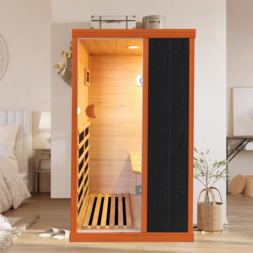 Image of OUTEXER 1 Person Sauna Far Infrared Sauna 1200W Indoor Home Sauna Low EMF 110V with Control Panel 7 Color Light 28.7 * 35.2 * 61.4 inch