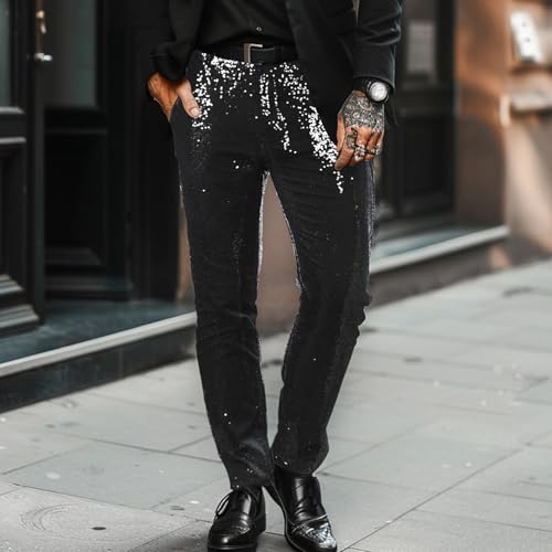 Sequined Men's Suit Trousers Slim Casual Trousers Black Performance Glitter TrousersSock3