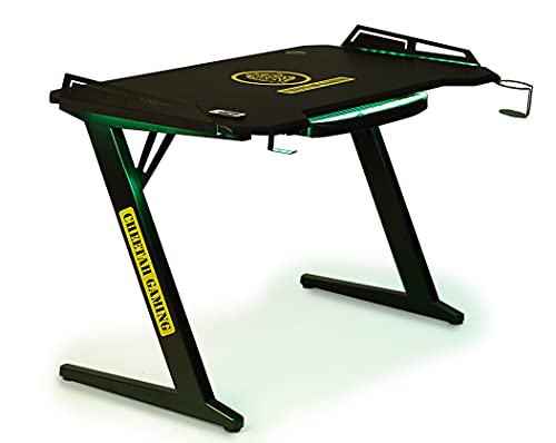 Desk Table de Gaming Grande Máster 01 lumières LED RVB avec télécommande, chargeur sans fil Smartphone, 3 ports USB, organiseur de câbles table de bureau ordinateur 126 x 68 cm