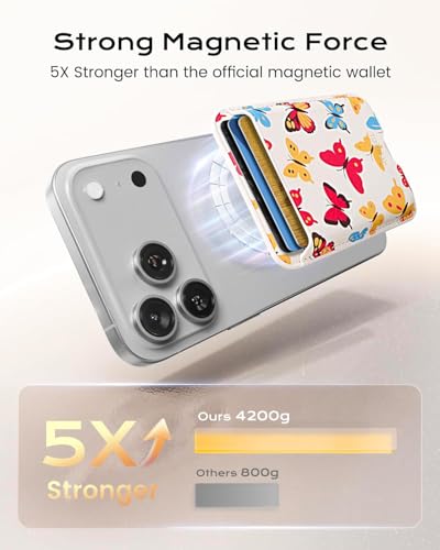 Image of Magnetic Mag-safe Wallet Cell Phone Card Holder for Phone Case with Mag-Safe, Stronger Magnetic RFID Leather Stick on Phone Wallet Compatible with iPhone 17 /16 /15 /14 /13 /12 Series, Butterfly Color