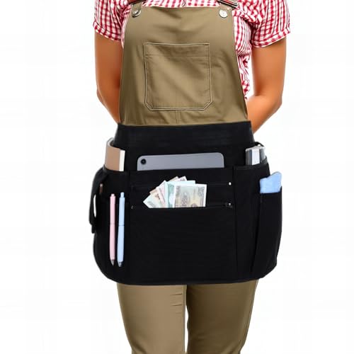 Josojoou Waitress Server Apron with 7 Pockets, Black Waterproof Waiter Half Apron with Zippers & Adjustable Belt, Unisex Waist Apron for Restaurant Servers Kitchen Staff Bartender Barista