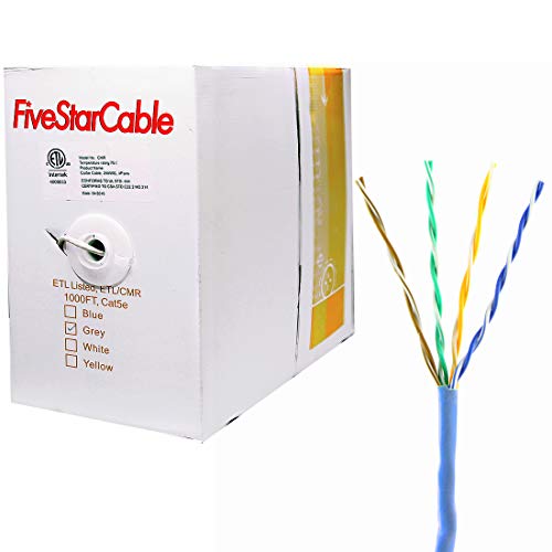 FiveStarCable Cat5e 1000 Ft 24 AWG CMR Riser Rated Solid Bare Copper Conductor UTP ETL Listed PVC Cable - Blue Color