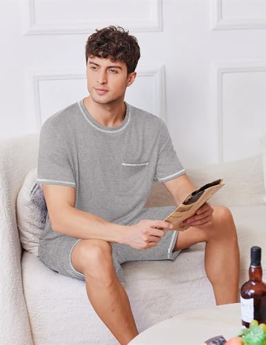 Image of Ekouaer Men's Pajamas Set Casual Short Sleeve Shirts and Shorts Soft 2 Piece Loungewear With Pockets
