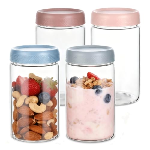 Zocipro 600ml Overnight Oats Jar, 4Pcs Tarros de Cristal con Tapa Hermética, Tarro Cristal de Borosilicato de Boca Ancha Para Yogur, Ensaladas, Avena, Mermelada