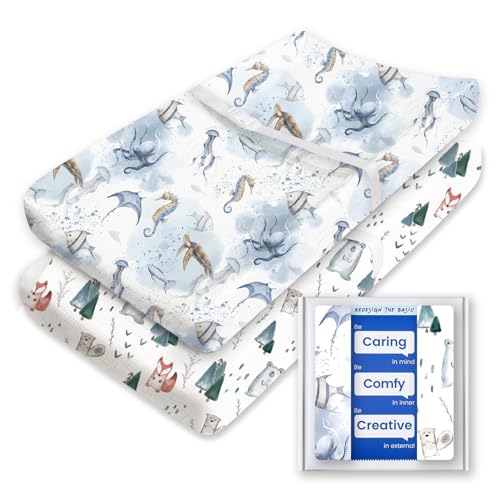 Image of Extra Stretchy Changing Pad Cover, TotBasic Ultra Soft Premium Jersey Knit Changing Pad Sheets, Unisex for Boys Girls, Fits All Standard Changing Tables/Dresser Tops - 2 Pack (Ocean + Fox)