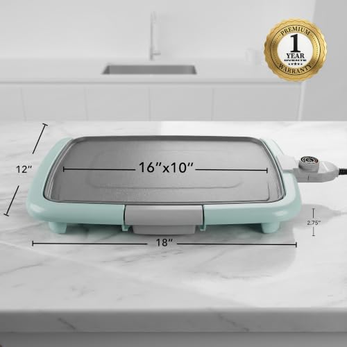 Image of OVENTE Electric Griddle with 16 x 10 Inch Non-Stick Plate, Blue GD1610LBL | Removable and Adjustable Temperature Control, Indoor Grill perfect for Instant Breakfast, Pancakes, Eggs or Burgers