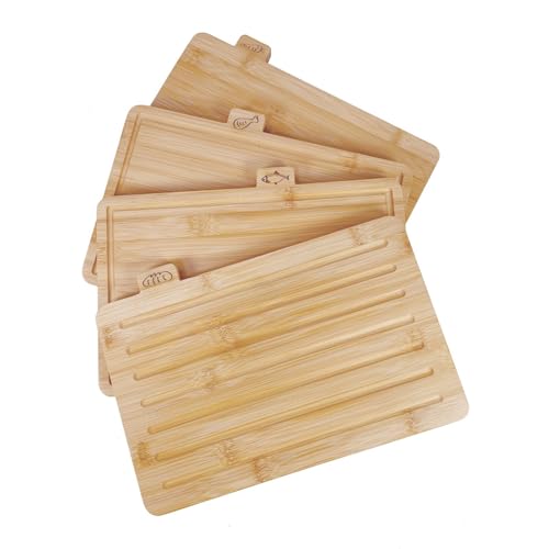 BAKI Bamboo 13”x9”x0.6” Cutting Board Set of 4–Wood Chopping Boards with Holder, Food Labels & Juice Groove–Sturdy, Durable, and Eco-Friendly Boards for Meat, Fish, Vegetables & Bread 1.5cm Thick by Baki - Image 3
