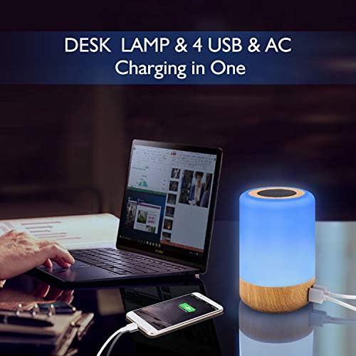 Taipow Bedside Table Lamp with 4 USB Charging Port, 3 Light Modes & 7 Colors, Brightness Adjustable Desk Lamp for Reading Working Sleeping, Touch Night Light Lamps for Bedrooms, Office - Wood Color