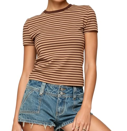 Striped Baby Tees for Women Teens Short Sleeve Crew Neck Slim Fit T-Shirts Y2k Vintage Aesthetic Shirt Tops(Brown,M)