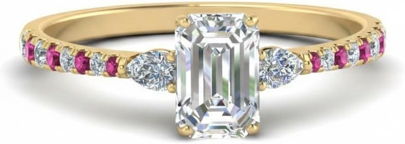 Choose Your Gemstone Pear 3 Stone Cathedral Diamond CZ Ring Yellow Gold Plated Emerald Shape Petite Engagement Rings Minimal Modern Design Birthday Gift Wedding Gift US Size 4 to 12