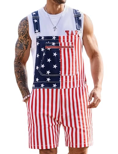 Yuanbang Unisex Printed Overalls Shorts Romper Festival Jumpsuits Work Bibs Coveralls Gifts for Men and Women, Red White and Blue, L