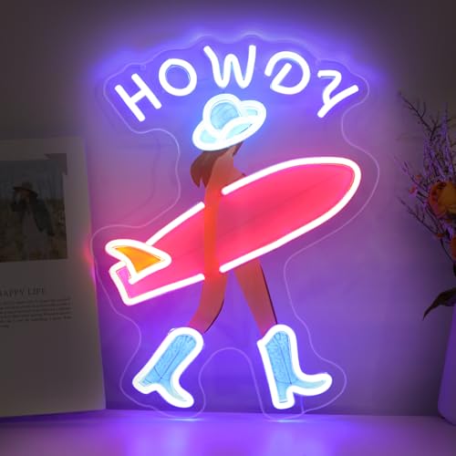 Image of Howdy and Aloha Cowgirl Surf Girl Neon Sign, Howdy Cowgirl wall decor LED Light, Girly Wall Art Neon Sign, Coastal Cowgirl Brown Haired, 11.9 inchx16.5 inch