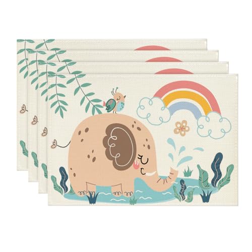 Artoid Mode Juego de 4 manteles individuales lavables, 30 x 45 cm, diseño infantil de selva con elefante y arcoíris, para cocina, fiestas y decoración
