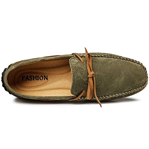 Driving Loafers for Men Deck Moccsins Lace Up Tie Decor Stiching Faux Suede Upper Flat Boat Shoes with Back Non-Slip Studs Business(Green,10 M US)3