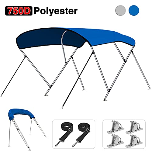 KAKIT 750D 3 4 Bow Bimini Top Boat Cover with 2 Rear Support Poles + 4 Quick Release Deck Mounts + 2 Straps + Storage Boot + Stainless Steel Mounting Hardwares, 1 Inch Stainless Aluminum Frame
