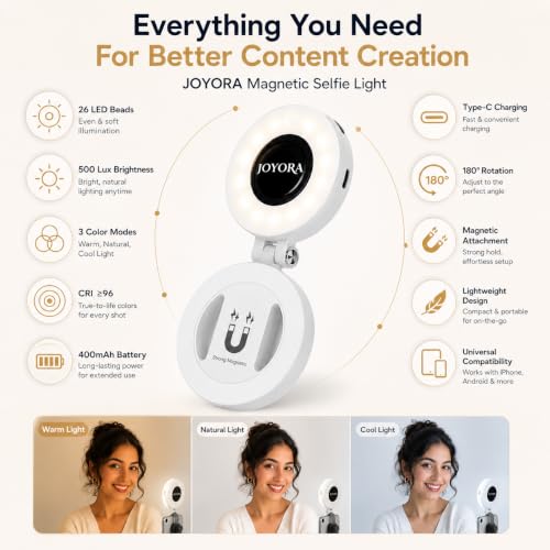 Image of Magnetic Selfie Light for Phone with 180 Rotation - Mag Safe Compatible with Adhesive Metal Ring for Android, 3 Color Modes for Reels, Video Calls, Live Streaming & Content Creation (White)