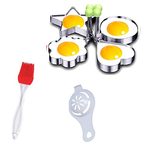 NIDY� Fried Egg Mold Rings DIY Kitchen Cooking Tools for Breakfast Stainless Steel. 4Pcs-Star-Circle-Flower-Heartwith 2Pcs Extra Accessories Silicone Brush & Yoke Separator