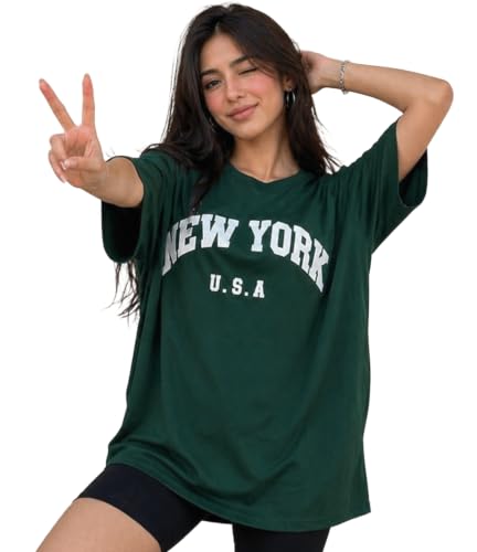 Image of London Hills Oversized Tshirt for Woman | t Shirt for Woman Oversized Fit Printed Round Neck | Tops for Woman's | Women t Shirt Loose Fit Drop Shoulder | t Shirts for Women | Western Tops