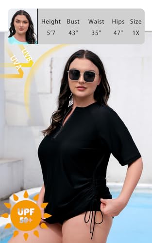 Halcurt Women's Plus Size Half Zip Short Sleeve Rash Guard Swim Top Drawstring Swim Shirt UPF50+ Swimsuit2