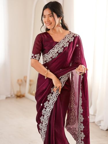 Image of SIRIL Women's Tissue Silk Sequence Embroidery Saree With Unstitched Blouse Piece