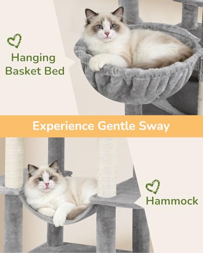 Image of Globlazer Heavy Duty Cat Tree Tower 80in Tall Extra Large Cat Tree Tower for Multiple Indoor Cats Large Adult with Scratching Posts, 2 Spacious Condos, Padded Perches, Soft Hammock, S80B, Light Grey