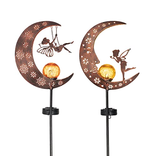 Teresa's Collections Yard Art Moon Solar Garden Lights, 40 Inch Metal Fairy Lawn Ornaments, Garden Decor For Outside With Crackle Glass Ball, Angel Outdoor Decorative Stake Patio Decorations Set Of 2 #TOP5