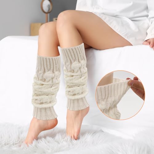 4 Pairs Leg Warmers Y2k, Fashion Cute Cable Knit Leg Warmers for Women 80s Sports Party Yoga Accessories (Black, White, Coffee, Light Gray)4