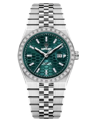 Luxury Watch with Green Hexagonal Dial, Diamond Bezel, Stainless Steel Band