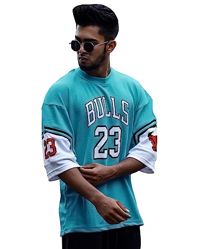Image of EYEBOGLER Oversized Loose Fit Drop Shooulder Half Sleeves Cotton Blend Printed Baggy T-Shirt for Men