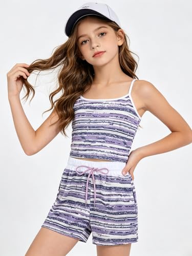Image of Size 7-14Y Girls Clothes 2 Piece Outfits Striped Tank Top Drawstring Shorts Teen Girls Summer Clothing Sets
