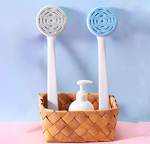 Soft Silicone Body Scrubber, AuroTrends 2021 New Bath Body Brush with Long Handle for Shower, BPA-Free, Non-Slip, Built-in & Removable Sponge (Blue)